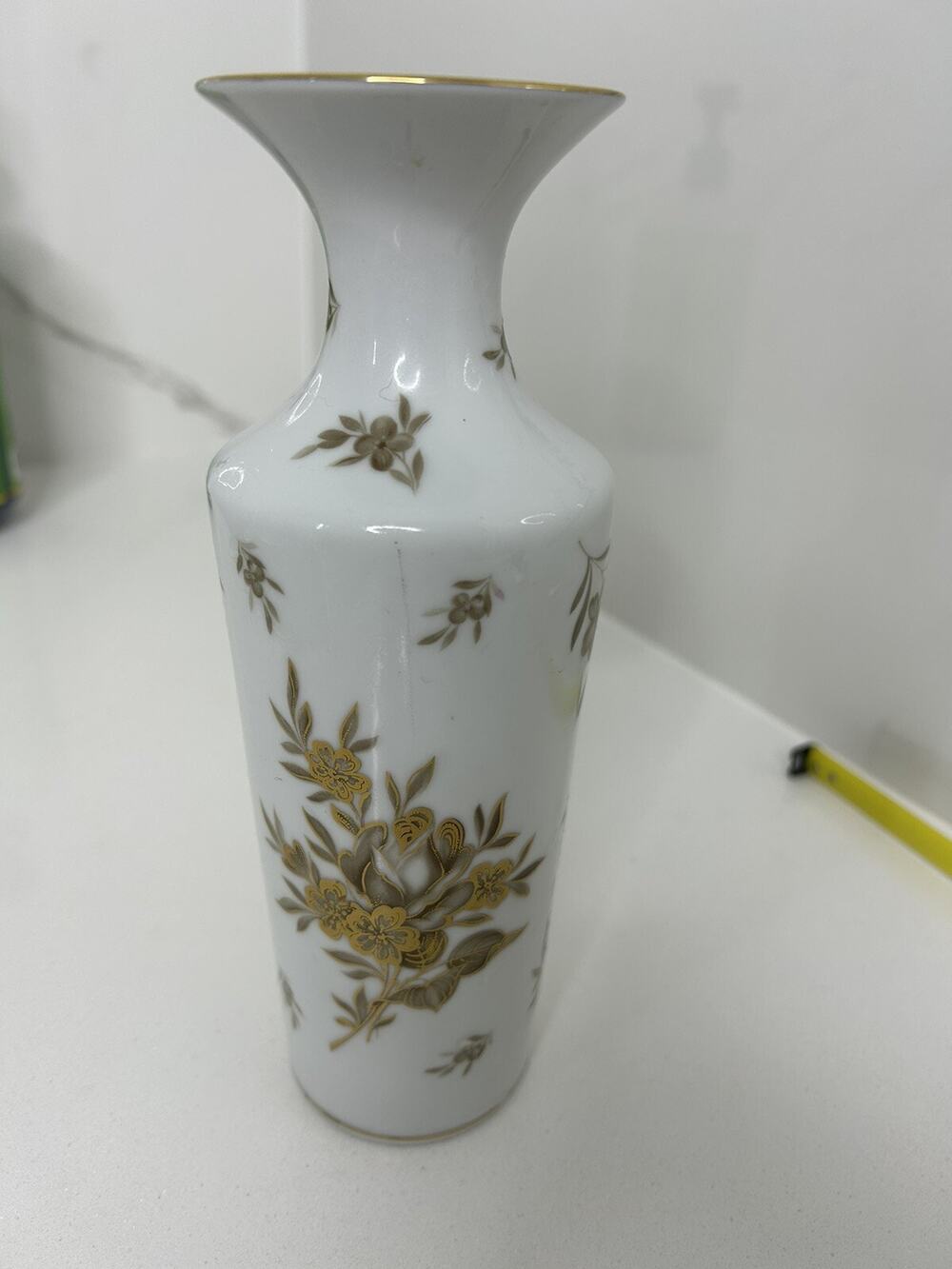 Jaeger & Co. Porcelain Gold & Gray Flower Vase 8"